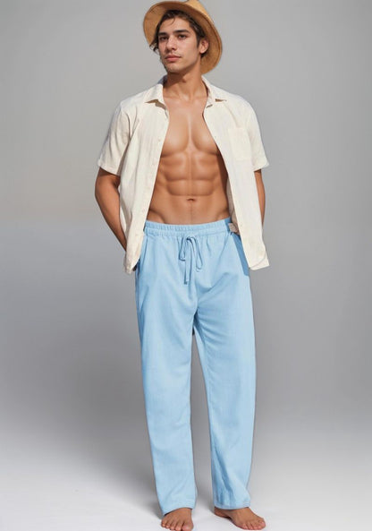 Blue Linen Loose Fit Men Pant-49496