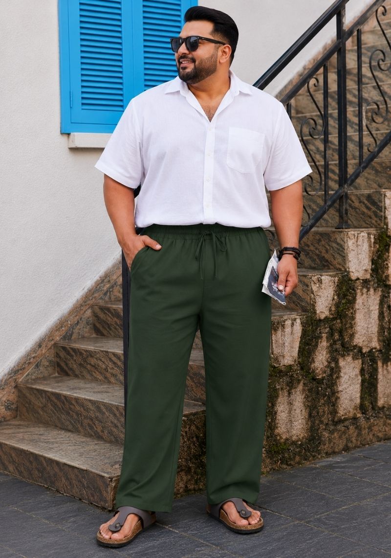 Bottle Green Linen Plus SIze Relaxed Fit Men Pant-51562