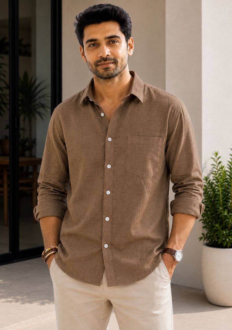 Dark Brown Linen Relaxed Fit Full Sleeve Shirt-51882