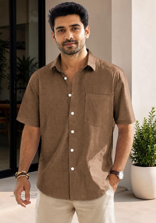 Brown Linen Relaxed Fit Half Sleeve Shirt-51715