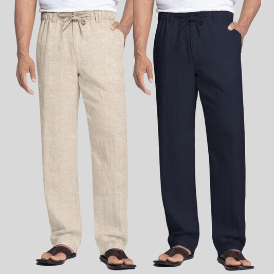 Combo of 2 Beige and Navy Blue Linen Men Pants-47405