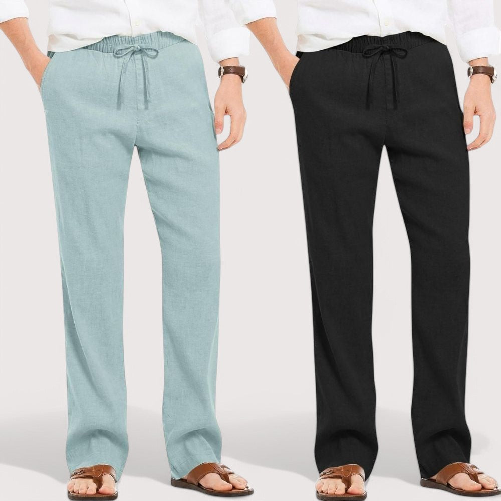 Combo of 2 Linen Loose Fit Men Pant Cyan and Black-49642