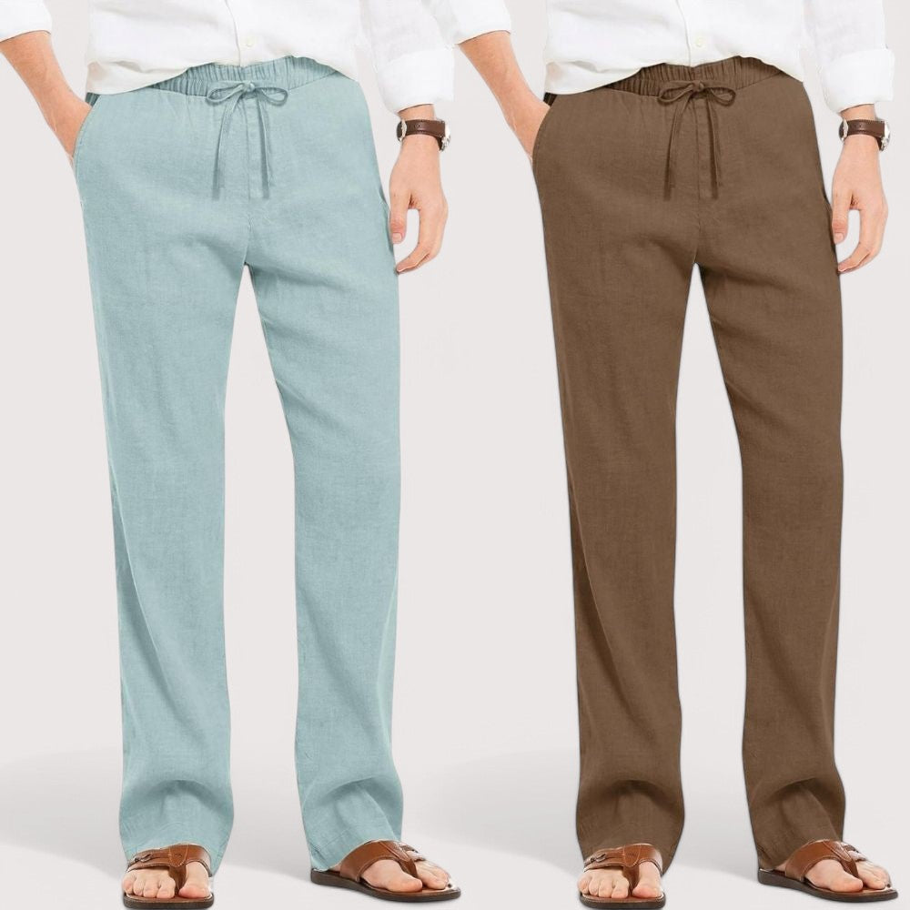 Combo of 2 Linen Loose Fit Men Pant Cyan and Brown-49640