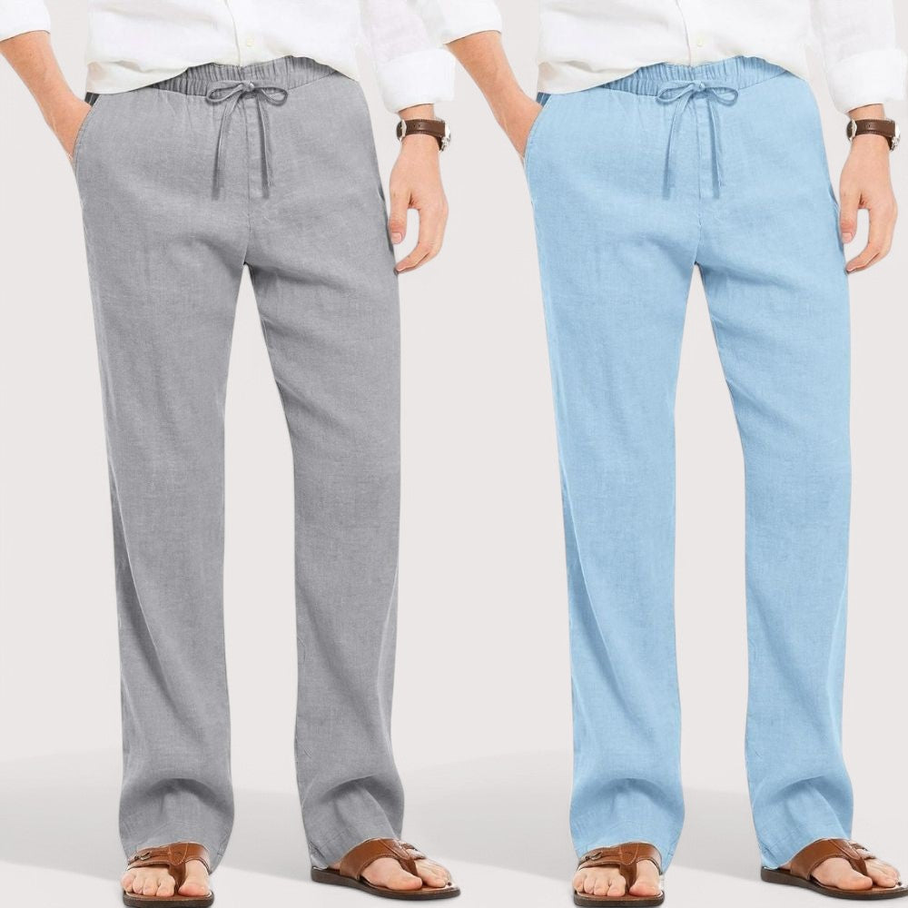 Combo of 2 Linen Loose Fit Men Pant Gray and Blue-49630