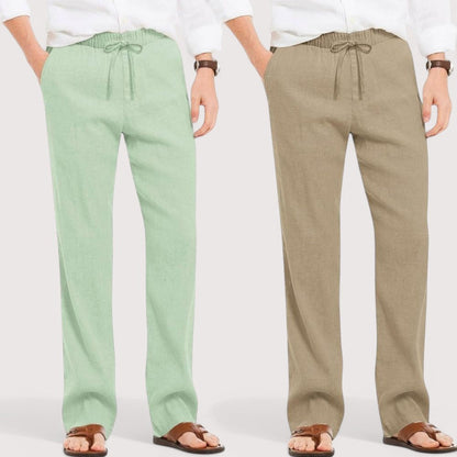 Combo of 2 Linen Loose Fit Men Pant Green and Beige-49626