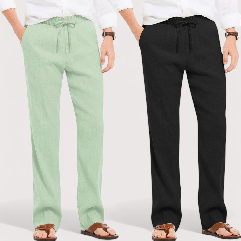 Combo of 2 Linen Loose Fit Men Pant Green and Black-49627