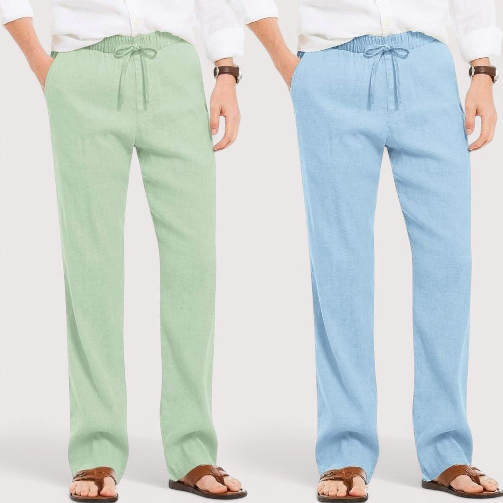 Combo of 2 Linen Loose Fit Men Pant Green and Blue-49624