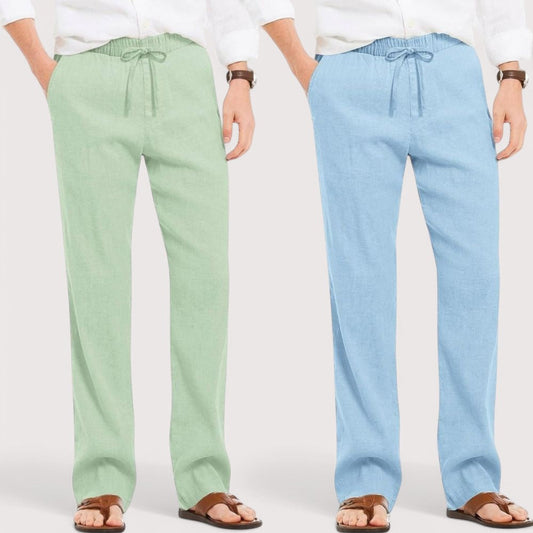 Combo of 2 Linen Loose Fit Men Pant Green and Blue-49624