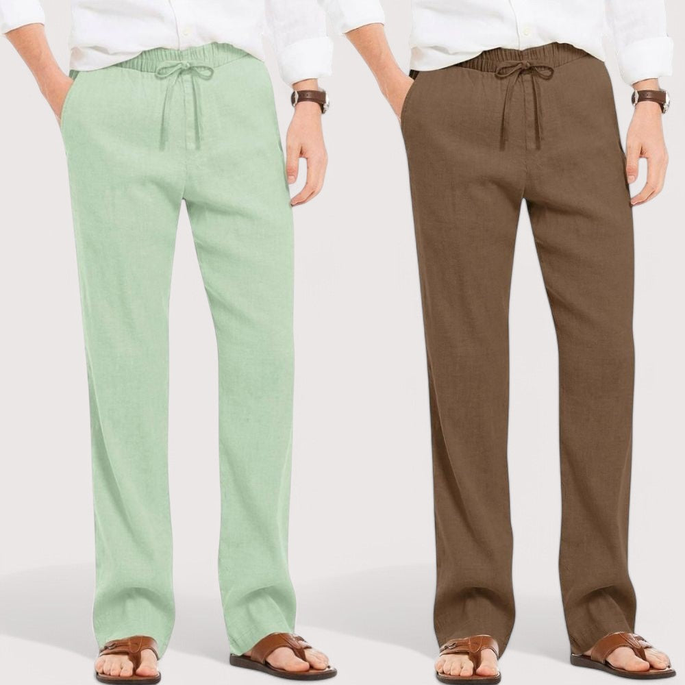 Combo of 2 Linen Loose Fit Men Pant Green and Brown-49625