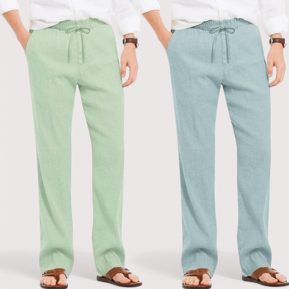 Combo of 2 Linen Loose Fit Men Pant Green and Cyan-49623