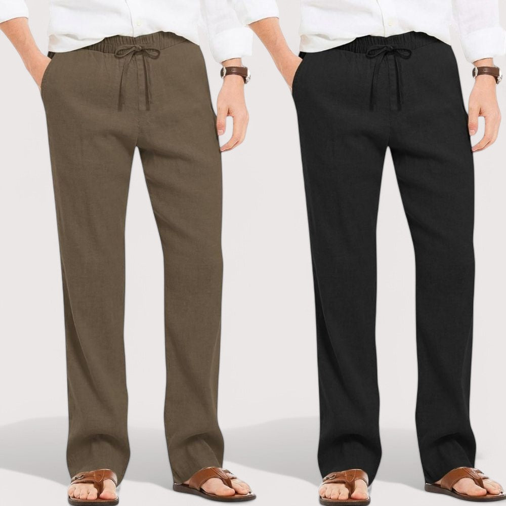 Combo of 2 Linen Loose Fit Men Pant Khaki and Black-49620