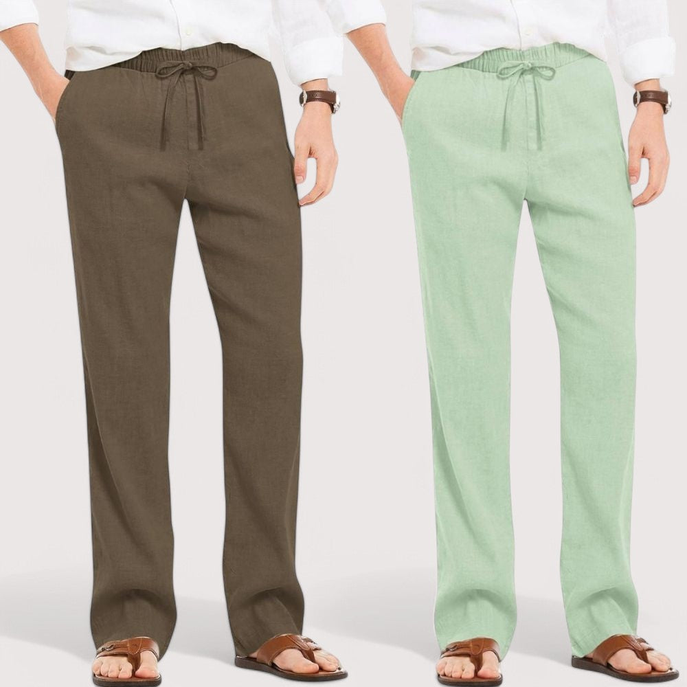 Combo of 2 Linen Loose Fit Men Pant Khaki and Green-49613