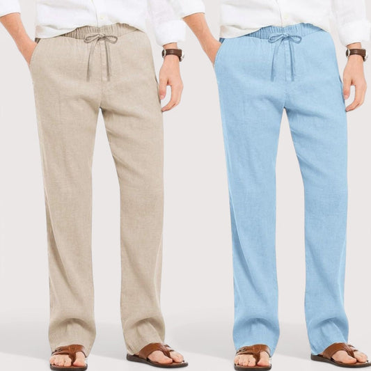 Combo of 2 Linen Loose Fit Men Pant Light Beige and Blue-49609