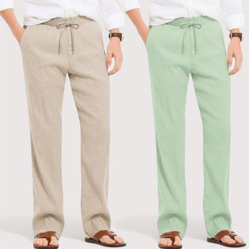 Combo of 2 Linen Loose Fit Men Pant Light Beige and Green-49605