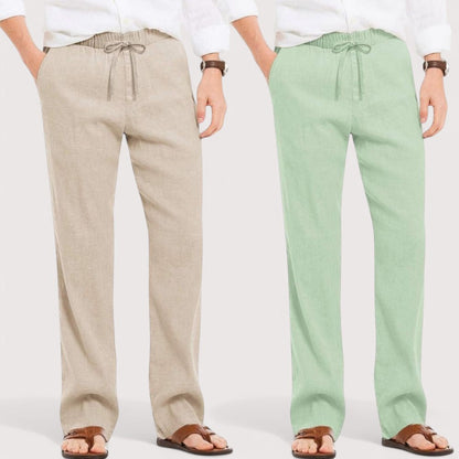 Combo of 2 Linen Loose Fit Men Pant Light Beige and Green-49605