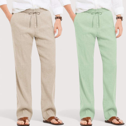 Combo of 2 Linen Loose Fit Men Pant Light Beige and Green-49605
