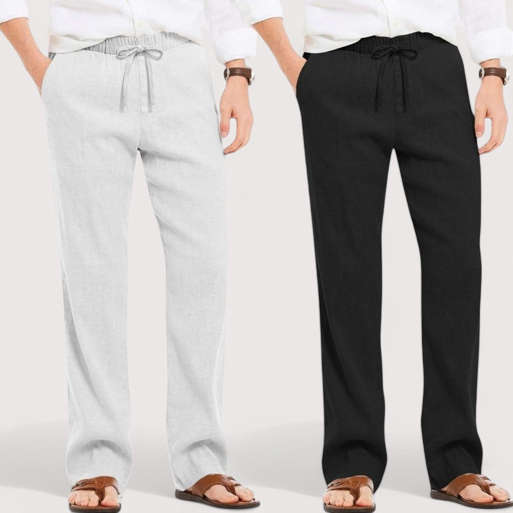 Combo of 2 Linen Loose Fit Men Pant Light Gray and Black-49603