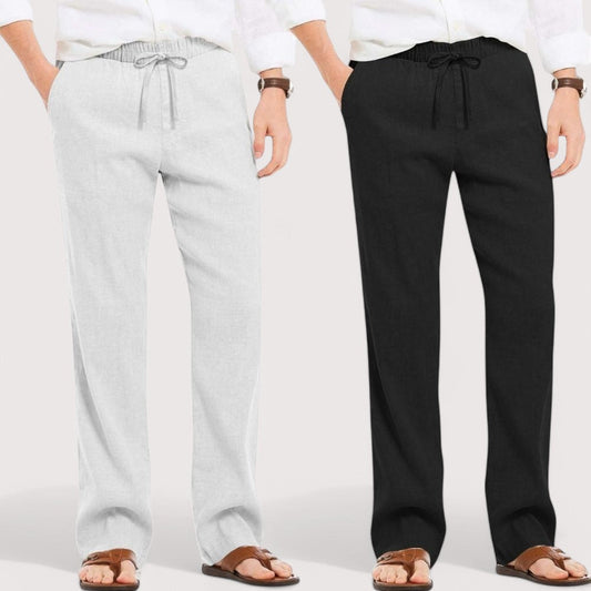 Combo of 2 Linen Loose Fit Men Pant Light Gray and Black-49603