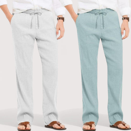 Combo of 2 Linen Loose Fit Men Pant Light Gray and Cyan-49599