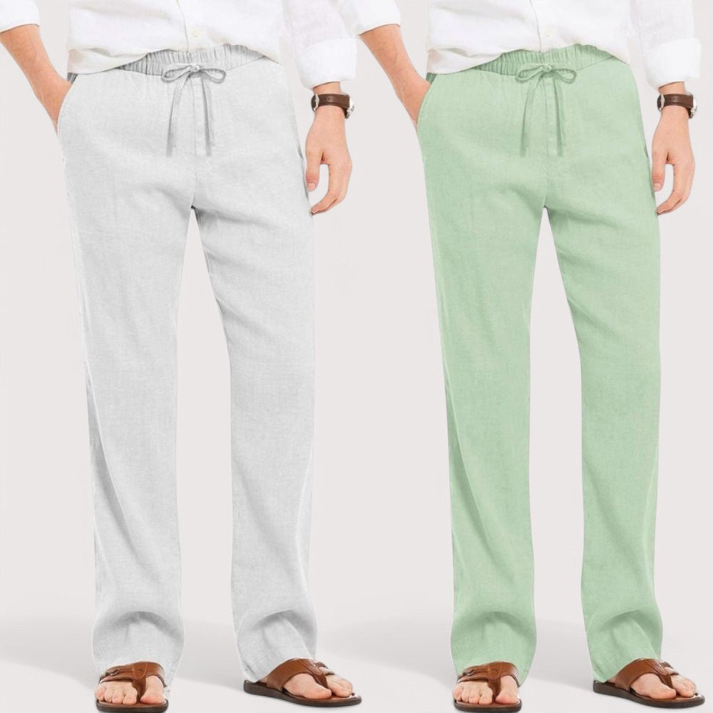 Combo of 2 Linen Loose Fit Men Pant Light Gray and Green-49596