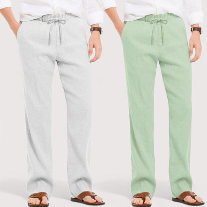Combo of 2 Linen Loose Fit Men Pant Light Gray and Green-49596