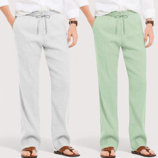 Combo of 2 Linen Loose Fit Men Pant Light Gray and Green-49596