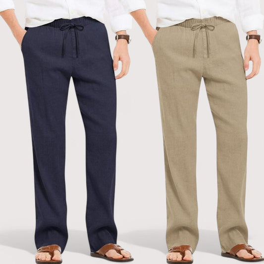 Combo of 2 Linen Loose Fit Men Pant Navy Blue and Beige-49592