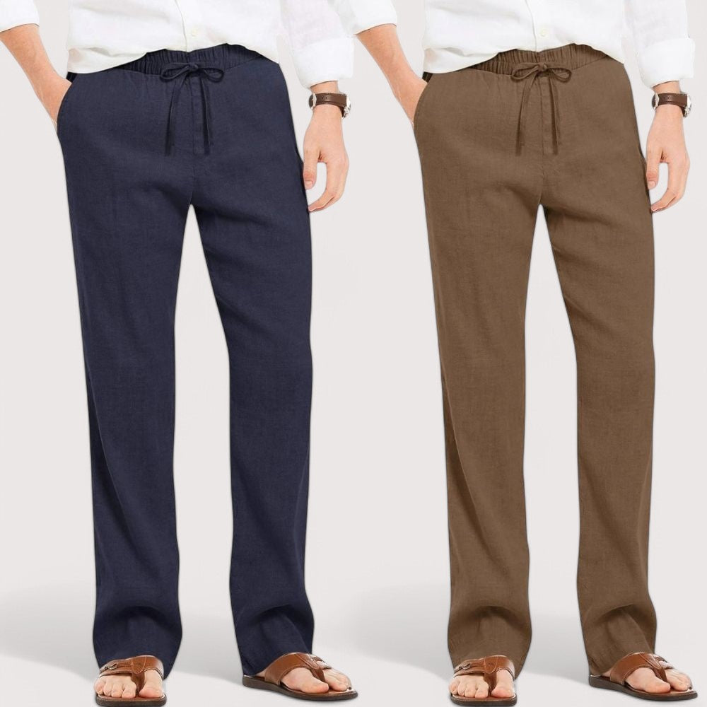 Combo of 2 Linen Loose Fit Men Pant Navy Blue and Brown-49591