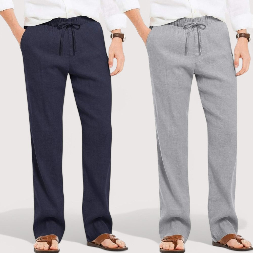 Combo of 2 Linen Loose Fit Men Pant Navy Blue and Gray-49587
