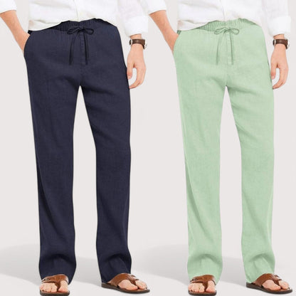 Combo of 2 Linen Loose Fit Men Pant Navy Blue and Green-49586