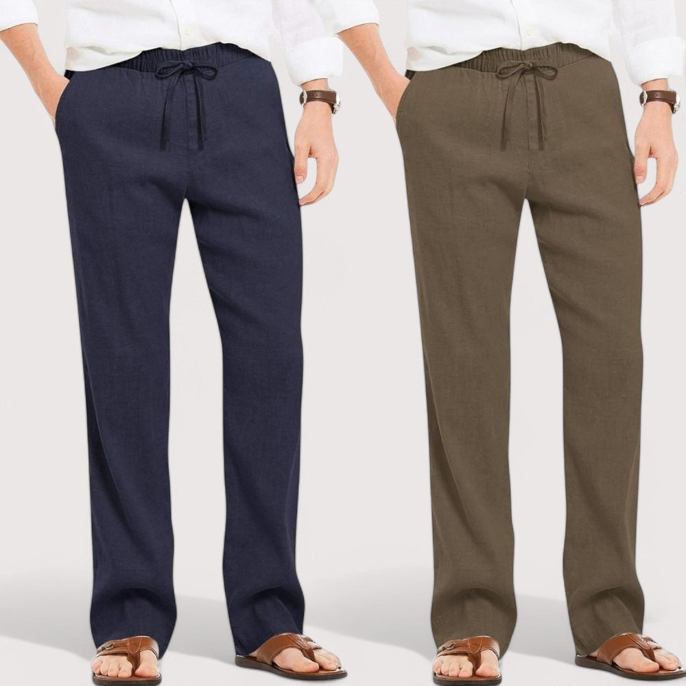 Combo of 2 Linen Loose Fit Men Pant Navy Blue and Khaki-49585