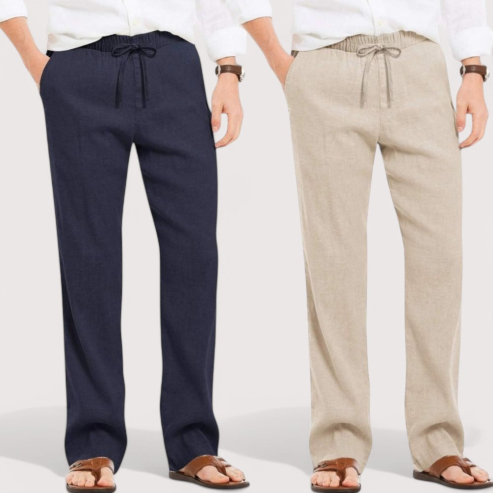 Combo of 2 Linen Loose Fit Men Pant Navy Blue and Light Beige-49584