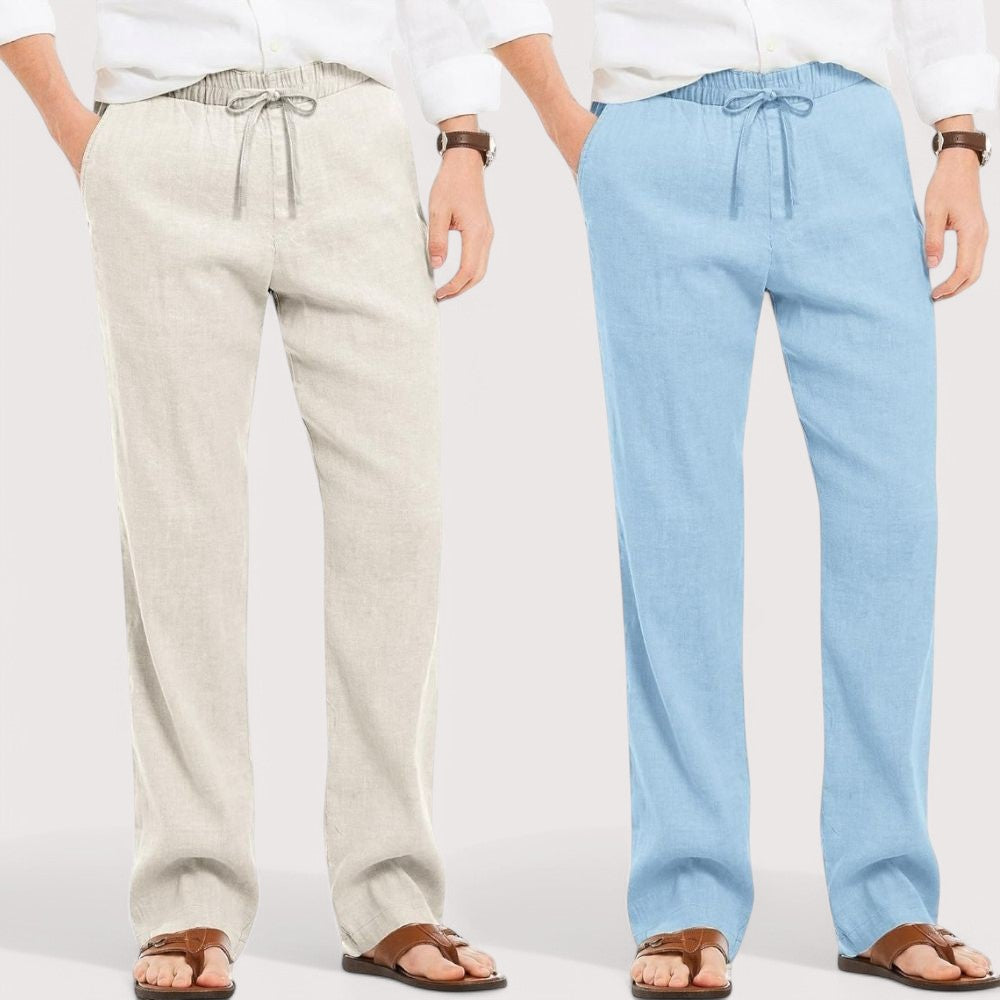 Combo of 2 Linen Loose Fit Men Pant Off White and Blue-49567