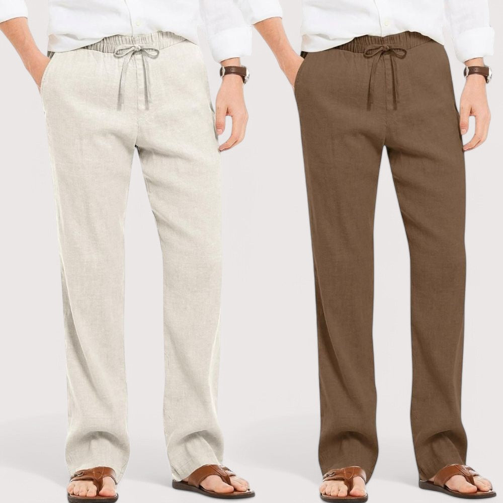Combo of 2 Linen Loose Fit Men Pant Off White and Brown-49568