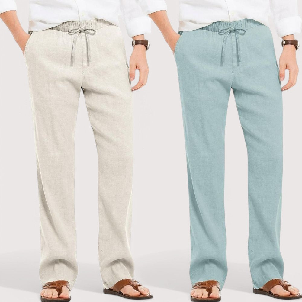 Combo of 2 Linen Loose Fit Men Pant Off White and Cyan-49566
