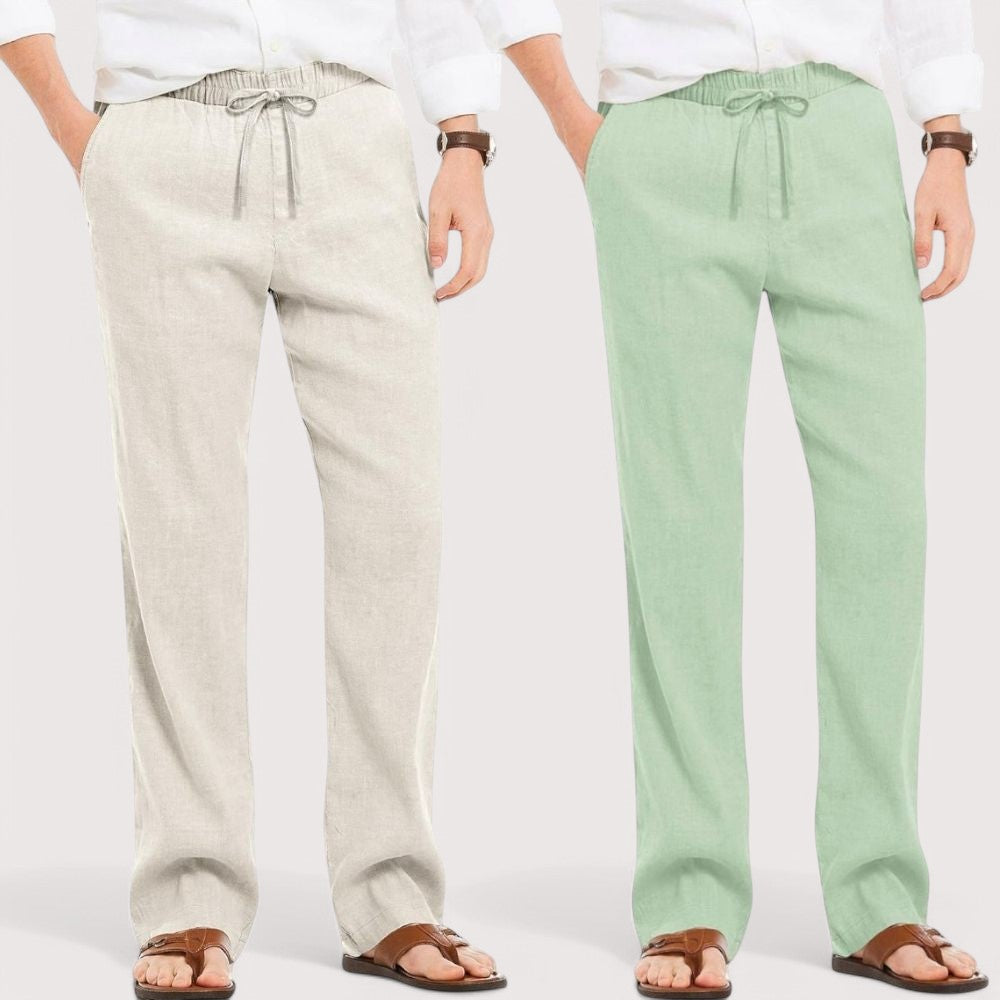 Combo of 2 Linen Loose Fit Men Pant Off White and Green-49563