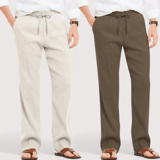 Combo of 2 Linen Loose Fit Men Pant Off White and Khaki-49562