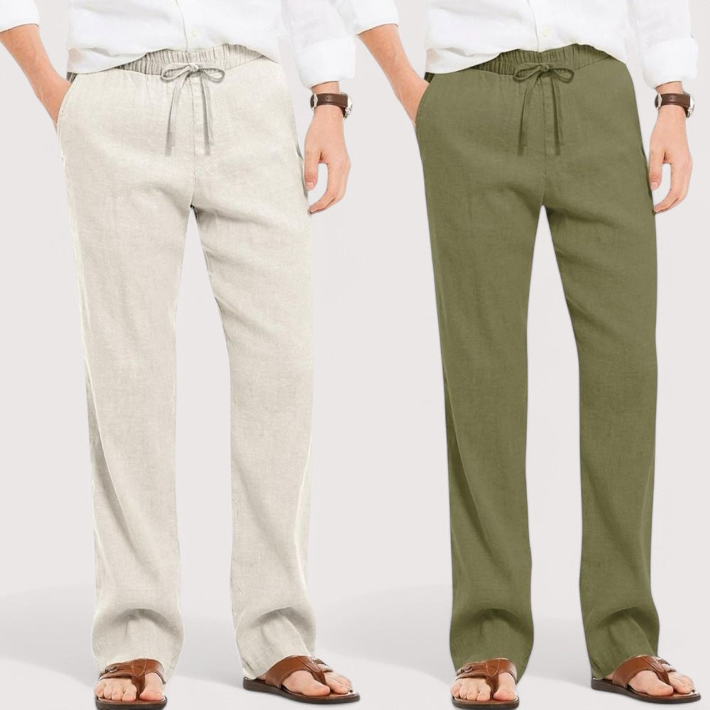 Combo of 2 Linen Loose Fit Men Pant Off White and Olive Green-49558