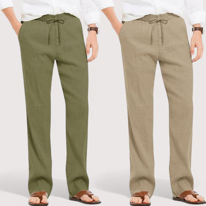 Combo of 2 Linen Loose Fit Men Pant Olive Green and Beige-49581