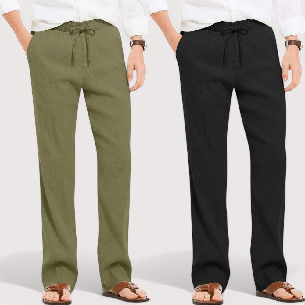 Combo of 2 Linen Loose Fit Men Pant Olive Green and Black-49582