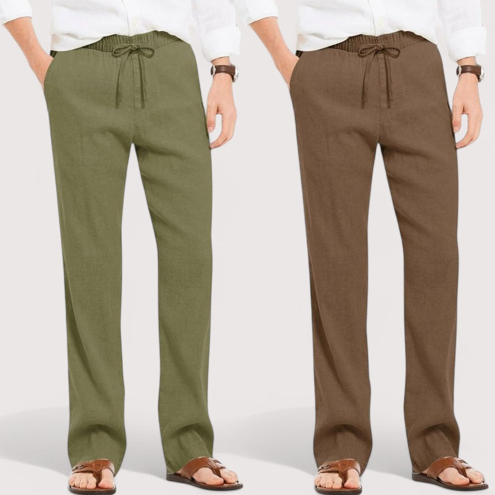 Combo of 2 Linen Loose Fit Men Pant Olive Green and Brown-49580