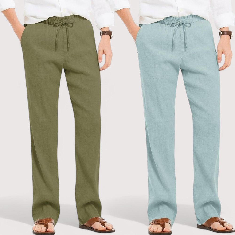 Combo of 2 Linen Loose Fit Men Pant Olive Green and Cyan-49578