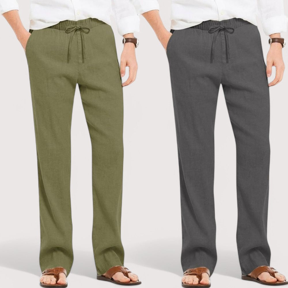 Combo of 2 Linen Loose Fit Men Pant Olive Green and Dark Gray-49577