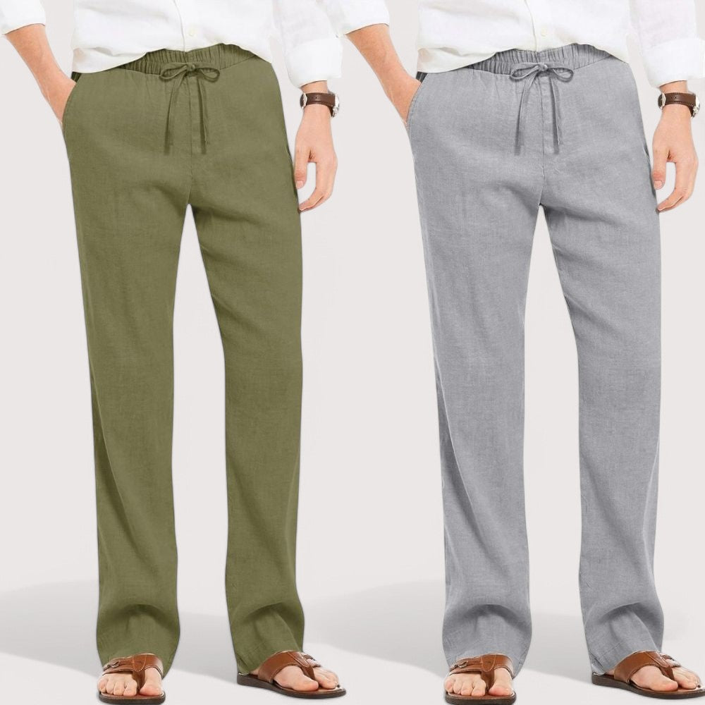 Combo of 2 Linen Loose Fit Men Pant Olive Green and Gray-49576