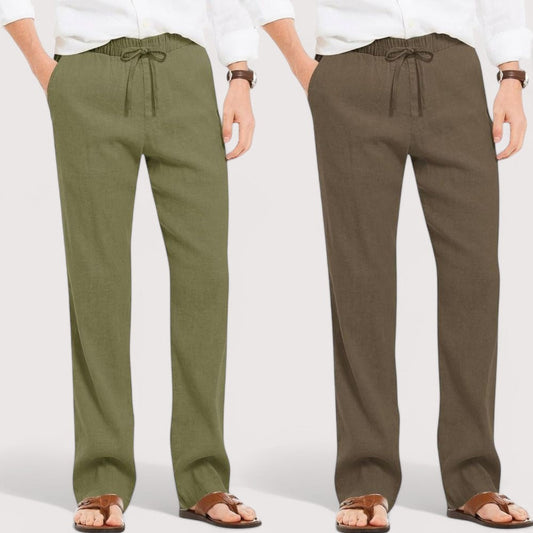 Combo of 2 Linen Loose Fit Men Pant Olive Green and Khaki-49574