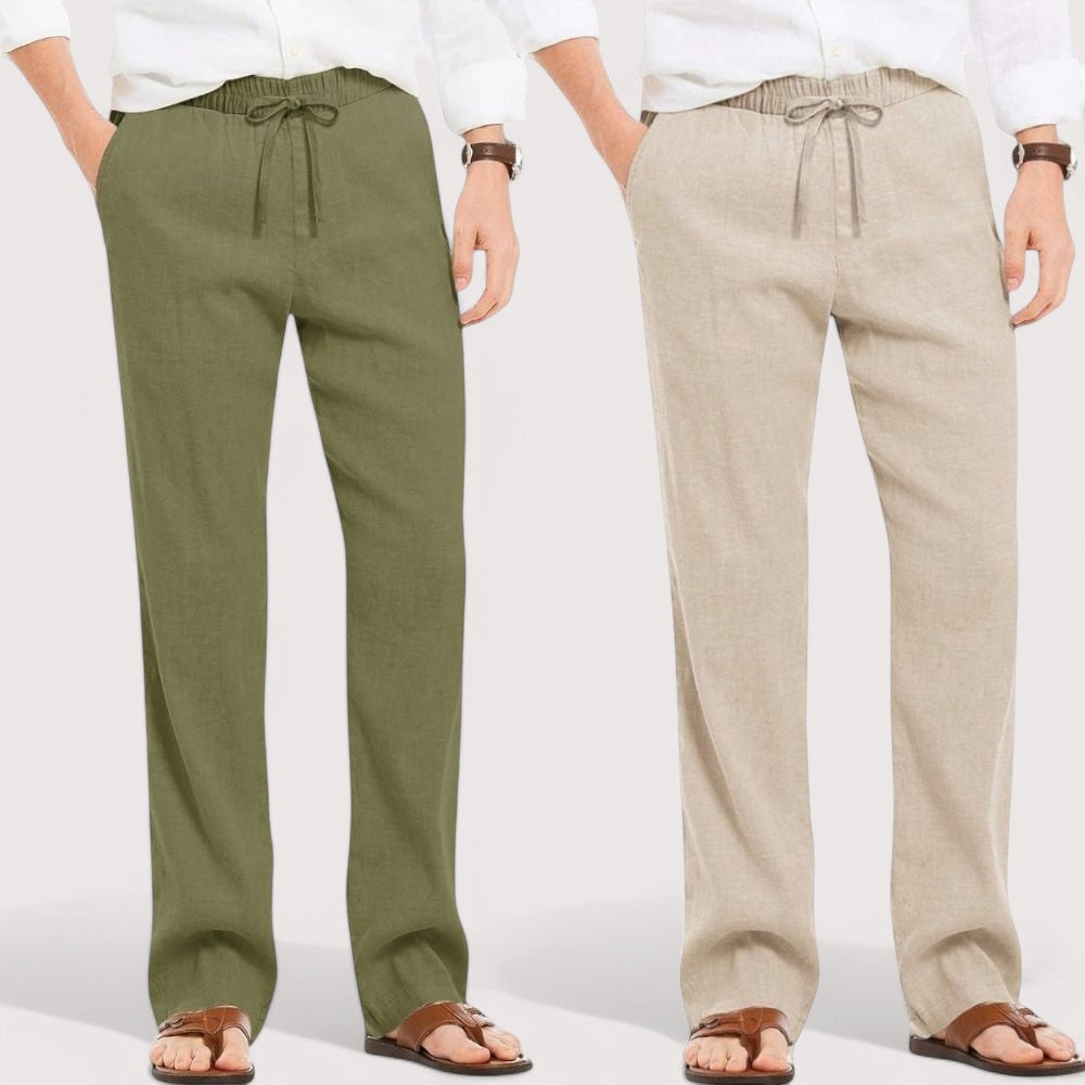 Combo of 2 Linen Loose Fit Men Pant Olive Green and Light Beige-49573