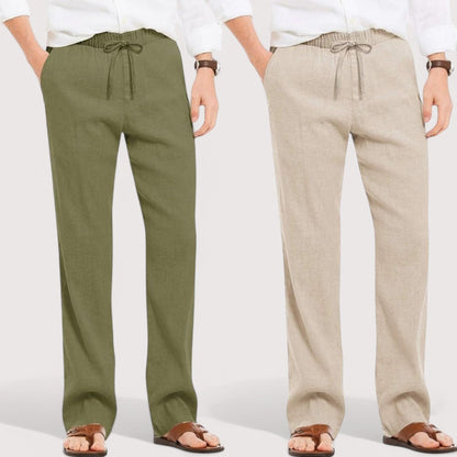 Combo of 2 Linen Loose Fit Men Pant Olive Green and Light Beige-49573