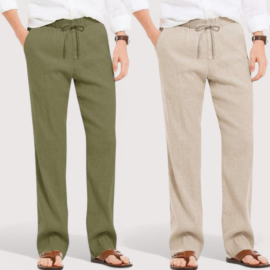 Combo of 2 Linen Loose Fit Men Pant Olive Green and Light Beige-49573