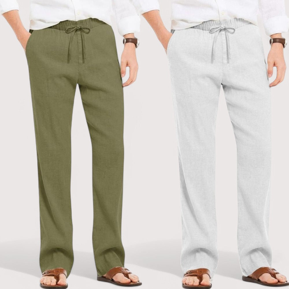 Combo of 2 Linen Loose Fit Men Pant Olive Green and Light Gray-49572