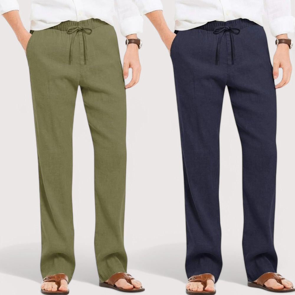 Combo of 2 Linen Loose Fit Men Pant Olive Green and Navy Blue-49571